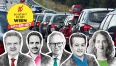 Alle Spitzenkandidaten beziehen Stellung zu Verkehrsthemen in der Stadt. (Bild: Krone KREATIV/BBWien/Ludwig Schedl, Martin Jöchl, Peter Tomschi, Grüne Wien, stock.adobe.at)