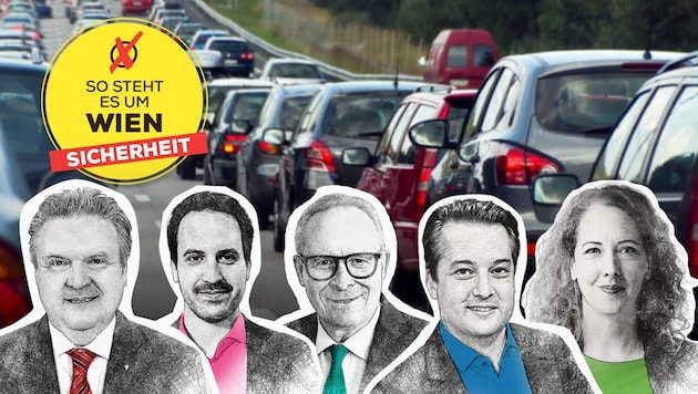 All the top candidates take a stand on transport issues in the city. (Bild: Krone KREATIV/BBWien/Ludwig Schedl, Martin Jöchl, Peter Tomschi, Grüne Wien, stock.adobe.at)