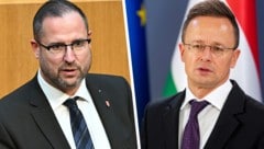 Patriotentreffen: Ungarns Außenminister Péter Szijjártó (re.) lud FPÖ-Generalsekretär Christian Hafenecker nach Budapest ein. (Bild: Krone KREATIV/AP APA)