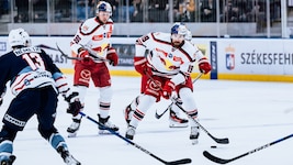 Für die Eisbullen um Mario Huber (96) und Andrew Rowe geht es im Viertelfinale gegen Fehervar. (Bild: Marton Monus - EC Red Bull Salzburg)