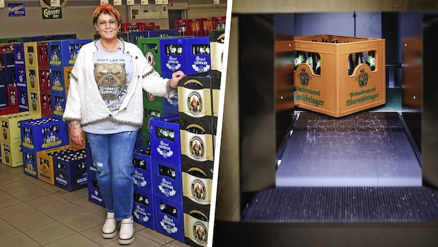 Karin Burgstaller from the beverage market in Simbach is threatened by a shortage of empties, while many people in Austria are now returning their old crates of beer. (Bild: Krone KREATIV/Daniel Scharinger)