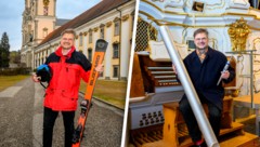 Für die „Krone“ posierte Klaus Sonnleitner als Skifan mit seinen Brettern (li.) und als Stiftsorganist mit zwei Orgelpfeifen (re.). (Bild: Krone KREATIV/Foto Kerschi)