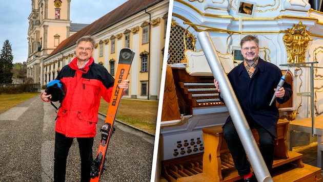 Klaus Sonnleitner posed for the "Krone" as a ski fan with his skis (left) and as a collegiate organist with two organ pipes (right). (Bild: Krone KREATIV/Foto Kerschi)