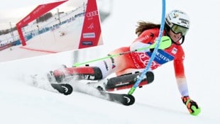 Camille Rast stürzte vor dem Ziel. (Bild: Krone KREATIV/APA/AFP/Marco BERTORELLO, Screenshot ORF)