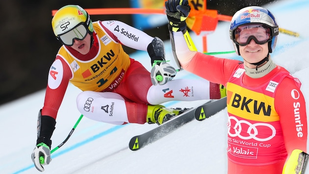 Marco Odermatt (right) celebrates his victory, Raphael Haaser (left), on the other hand, takes a thankless fourth place. (Bild: Krone KREATIV/GEPA pictures)