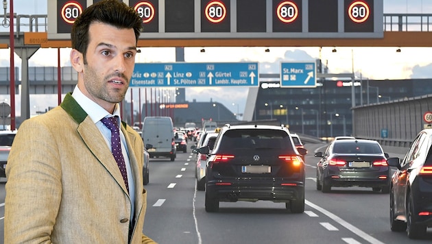 Transport Minister Udo Landbauer accuses Vienna of harassing motorists. (Bild: Krone KREATIV/FPÖ NÖ, Wolfgang Spitzbart)