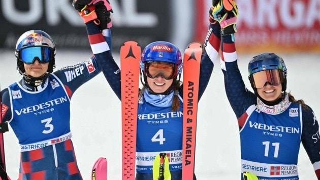 Zrinka Ljutic, Mikaela Shiffrin und Paula Moltzan (von li. nach re.) (Bild: AFP)