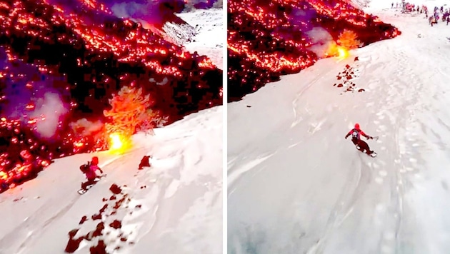 The eruption of Mount Etna attracts numerous onlookers - and winter sports enthusiasts. (Bild: Screenshot: kameraOne)