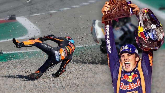 Win or fly? On Tuesday morning, the regional court in Ried im Innkreis will vote on KTM's reorganization plan. (Bild: Krone KREATIV/Marcin Kin/Red Bull Contentpool, EPA/Alejandro Garcia)