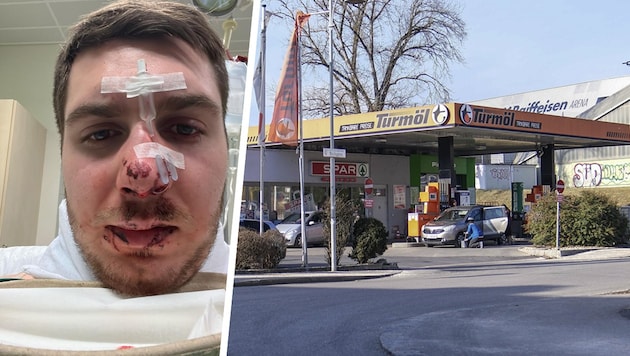 In the area of the petrol station, within walking distance of the stadium, the 23-year-old Rapid fan was beaten ready for hospitalization by a LASK supporter. (Bild: Krone KREATIV/zVg, Horst Einöder)