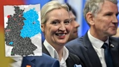 Zweigeteilte Polit-Landkarte in Deutschland: Während in den westdeutschen Bundesländern die Union dominierte, räumte die AfD mit ihrer Spitzenkandidatin Alice Weidel im Osten ab. (Bild: Krone KREATIV/AFP Screenshot/X.com)