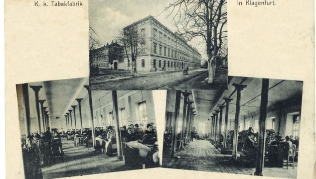 Ansichtskarte der Klagenfurter k. k. Tabakfabrik – Außenansicht, Zigarrensaal, Zigarettenmaschinensaal; 1908 (Bild: Bildquellensammlung Christian Hudelist)