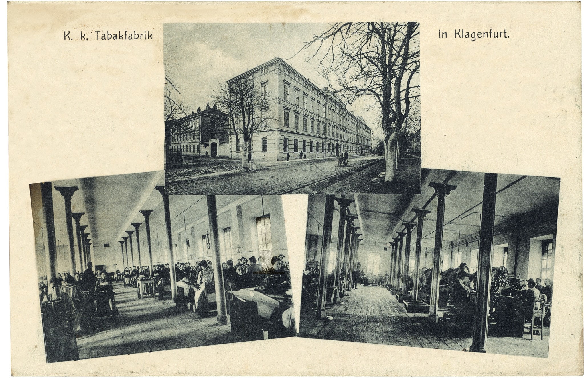 Ansichtskarte der Klagenfurter k. k. Tabakfabrik – Außenansicht, Zigarrensaal, Zigarettenmaschinensaal; 1908 (Bild: Bildquellensammlung Christian Hudelist)