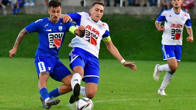 Neustadt captain Max Sax (left) and Scheibling counterpart Michael Steiner gave it their all in the first leg. (Bild: Gerhard Breitschopf)