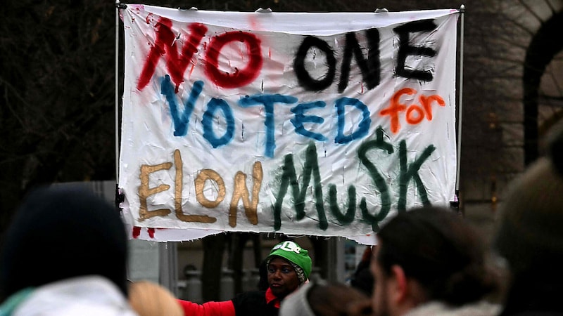 Protest against Elon Musk and his efficiency authority in Washington D.C. (Bild: AFP/JIM WATSON)