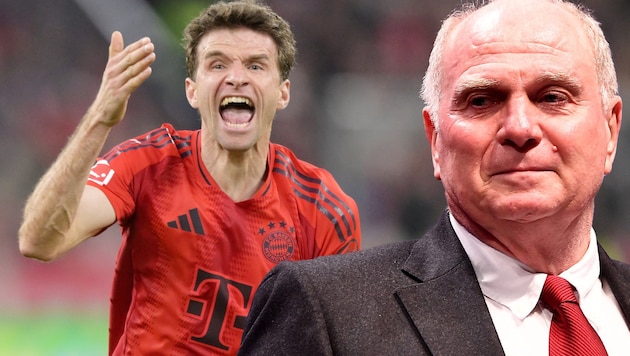 Uli Hoeneß (re.) äußert sich zur Zukunft von Thomas Müller. (Bild: Krone KREATIV/GEPA pictures)