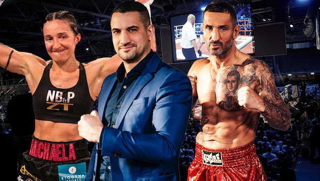 Michaela Kotaskova (left) defends her title, Marcos Nader (center) organizes, Fadi Merza enters the ring for the last time. (Bild: Thomas Topf, Bounce The Fitness Zone)