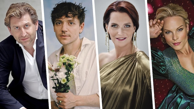 Heldentenor Andreas Schager, pop singer Ariel Oehl, Maya Hakvoort, the grande dame of musicals, mezzo-soprano Elīna Garanča (Bild: Krone KREATIV/David Jerusalem, Tim Cadadini, Sarah Katharina, Alexander Haiden)