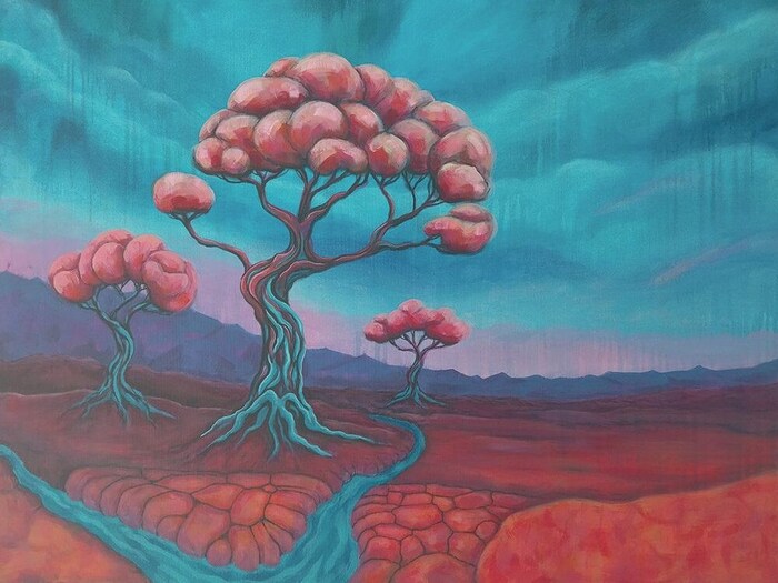 This work is called "land of the grandmother" and symbolizes the archetype and universal concept of the grandmother, the soil on which seeds are sown and from which the next generations grow. 