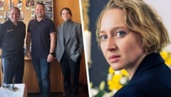 Bürgermeister Christian Samwald (Mitte) mit Robert Palfrader und Britta Hammelstein im „Wachzimmer“. Anna Maria Mühe sorgt sich in der neuen Stafel als Bestatterin Blum um ihre Tochter, die entführt wurde. (Bild: Krone KREATIV/ORF ZVG Stadtgemeinde Ternitz)