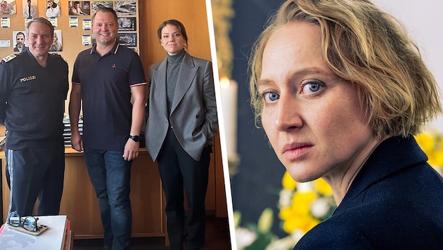 Mayor Christian Samwald (center) with Robert Palfrader and Britta Hammelstein in the "guard room". In the new season, Anna Maria Mühe as mortician Blum worries about her daughter, who has been kidnapped. (Bild: Krone KREATIV/ORF ZVG Stadtgemeinde Ternitz)