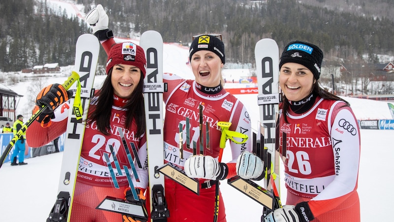 ÖSV triple victory in Kvitfjell: Stephanie Venier, Nina Ortlieb and Franziska Gritsch (from left to right) (Bild: GEPA)