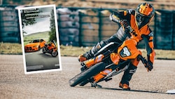 Kann kaum ein Zufall sein: BMW Motorrad zeigte seit Mittwoch auf dem eigenen Instagram-Account, dass auch ihnen das KTM-Orange – siehe großes Bild – gut stehen würde. (Bild: Krone KREATIV/Screenshot Instagram, KTM)