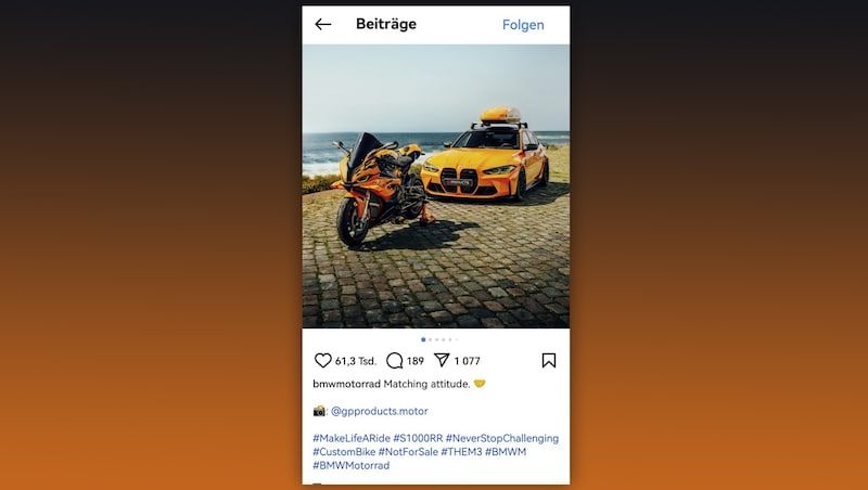 The Instagram post in orange published on Wednesday received more than 61,000 likes. BMW Motorrad deleted it on Thursday afternoon. (Bild: Krone KREATIV/Screenshot Instagram)