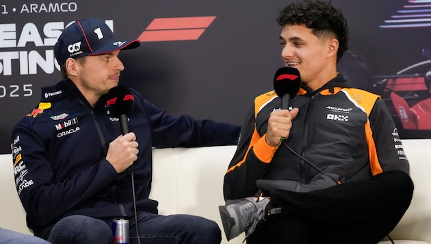 Max Verstappen (li.) und Lando Norris scherzten bei der PK. (Bild: Darko Bandic)