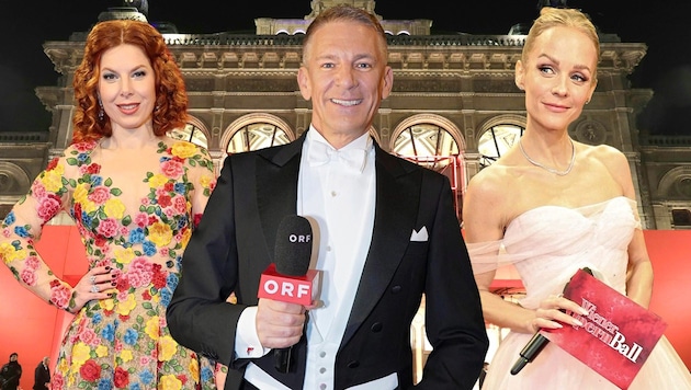 Teresa Vogl, Andi Knoll and Mirjam Weichselbraun reported live from the Opera Ball. (Bild: Krone KREATIV/APA/HELMUT FOHRINGER, Tischler, Tuma )