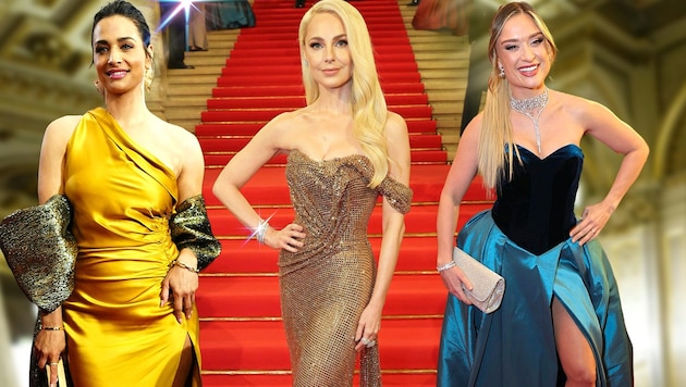 The celebrities provided fashion highlights at the Opera Ball. (Bild: Krone KREATIV/APA/EVA MANHART, Starpix/Alexander Tuma)