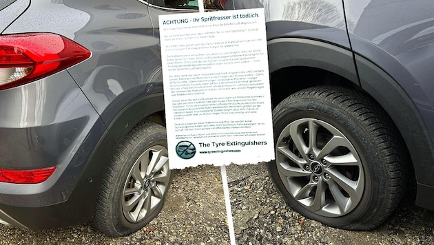 Flyer behind the windscreen and broken tires - the "Tyre Extinguishers" were once again on the road in Döbling. (Bild: Krone KREATIV/Luftnot Kollektiv/ zVg)