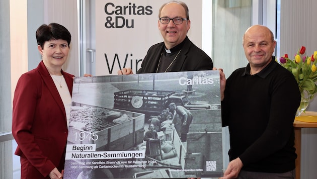 Konrad Plautz (right) with Caritas Director Elisabeth Rathgeb and Innsbruck's Bishop Hermann Glettler. (Bild: D.Giesinger/Caritas Tirol)