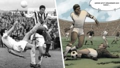 Spiel im Jahr 1965 LASK gegen Admira: Köglberger im (Streifendress) – und Blick ins Buch (Bild: Krone KREATIV/APA-PictureDesk, Votava; Bahoe Books)