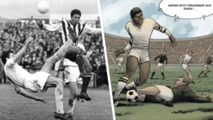 Spiel im Jahr 1965 LASK gegen Admira: Köglberger im (Streifendress) – und Blick ins Buch (Bild: Krone KREATIV/APA-PictureDesk, Votava; Bahoe Books)