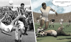 Spiel im Jahr 1965 LASK gegen Admira: Köglberger im (Streifendress) – und Blick ins Buch