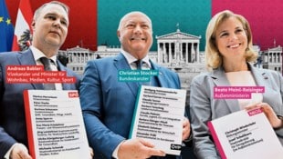 Die Parteichefs haben die Ministerlisten fixiert – am Sonntag muss noch die letzte Hürde für die Regierung genommen werden. (Bild: Krone KREATIV/Hans Klaus Techt/APA/picturedesk.com (2))