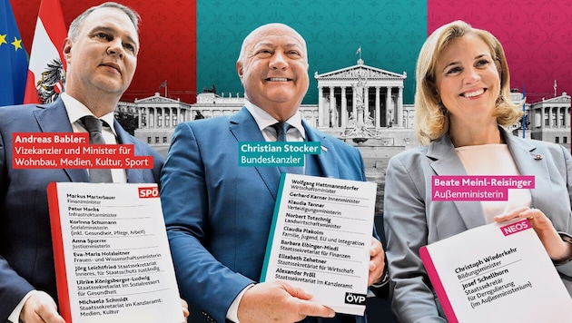 The party leaders have finalized the lists of ministers - the last hurdle for the government still has to be cleared on Sunday. (Bild: Krone KREATIV/Hans Klaus Techt/APA/picturedesk.com (2))