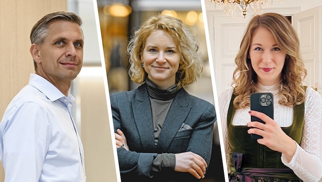 These three Upper Austrians will soon have a lot to say in Vienna: Claudia Plakolm (right) and Wolfgang Hattmannsdorfer (both ÖVP) and Eva-Maria Holzleitner (SPÖ) have been nominated for ministerial posts. (Bild: Krone KREATIV/Wenzel, Plakolm)