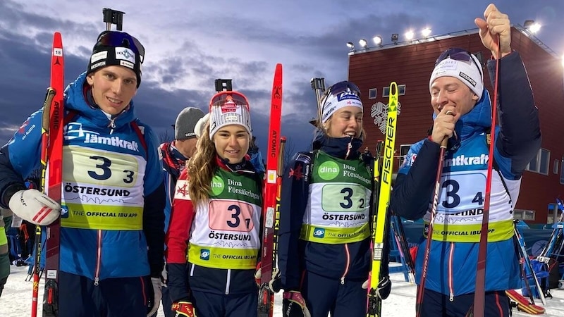 The glorious four: Marchl, Anhaus, Andexer and Müllauer (from left) (Bild: Vettori/Biathlon Austria)