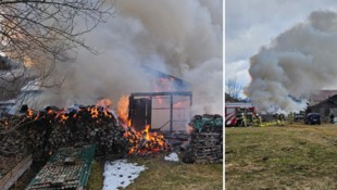 Der Stadel stand in Vollbrand – dichter Rauch stieg auf. (Bild: ZOOM Tirol)