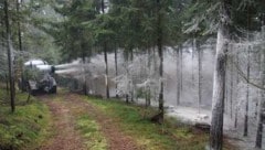 Bei der Ausbringung des Magnesiumkalks wird binnen weniger Sekunden aus der grünen Natur eine weiße. (Bild: Landesforstdienst)