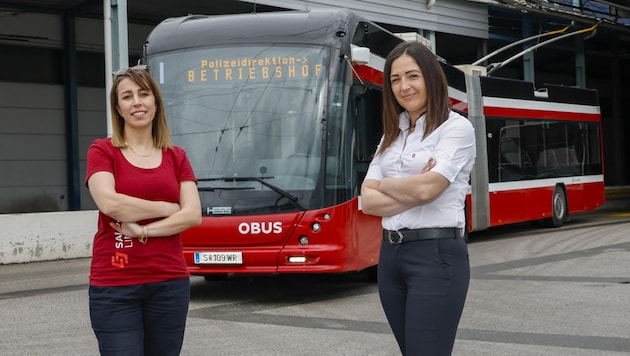 Rojin Amin (l.) und Fehria Soylu gehören zu den wenigen Frauen hinter dem Obus-Steuer in Salzburg (Bild: Markus Tschepp)