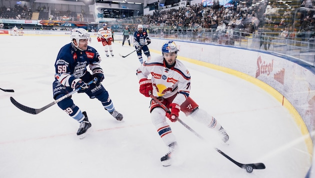 Nissner (re.) drückte zum sechsten Mal in dieser Eishockeyliga-Saison im Doppelpack ab. (Bild: Gintare Karpaviciute - EC Red Bull Salzburg)