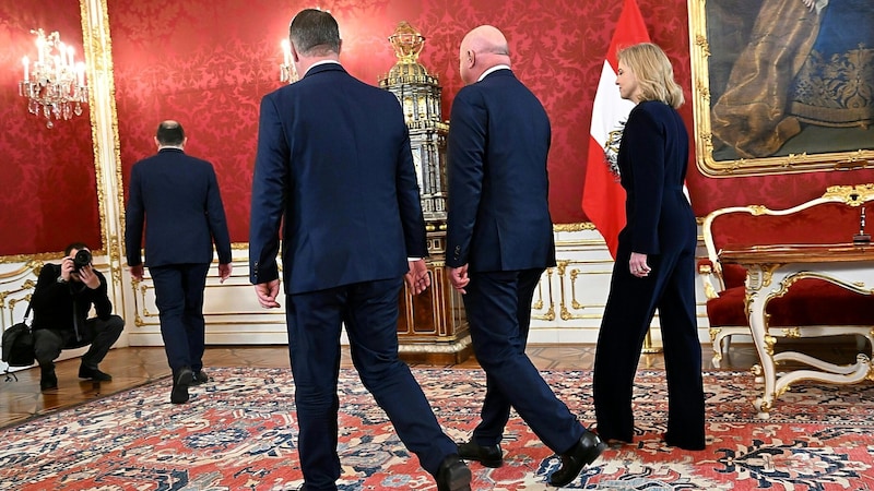 Before the swearing-in ceremony, the three party leaders and Federal President Alexander Van der Bellen retreated behind the red tapestry door for a final meeting. (Bild: APA/ROLAND SCHLAGER)