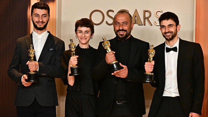 Basel Adra, Rachel Szor, Hamdan Ballal und Yuval Abraham von „No other land“ am 2. März bei den ...