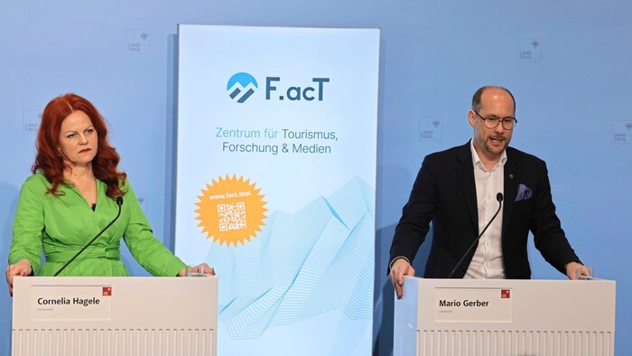 Wissenschaftslandesrätin Cornelia Hagele und Tourismuslandesrat Mario Gerber (beide von der ÖVP) bei der Präsentation des neuen „Zentrum für Tourismus, Forschung und Medien“.