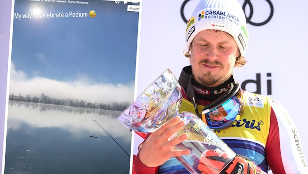 Manuel Feller freute sich über seinen Pokal und genoss danach die Ruhe. (Bild: AFP, Instagram.com/manuel.feller.official)