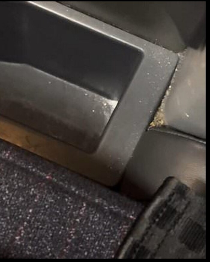 The armrest was covered in crumbs from leftover food and her pillow was covered in brown stains.