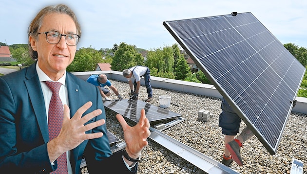 „Photovoltaik ist – so wie Wasser und Wind – eine wichtige Basis für die Umsetzung der Energiewende und ergänzt die anderen Energieträger optimal“, sagt Energie-AG-Vorstandschef Leonhard Schitter. (Bild: Krone KREATIV/Markus Wenzel, Hans Klaus Techt/APA/picturedesk.com)